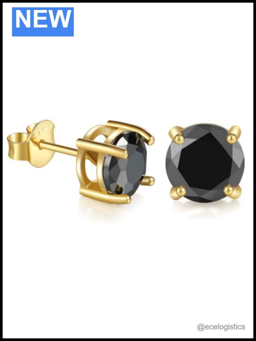 Round Black Onyx 925 Sterling Silver Stud Earrings 18K Gold Plated Unisex
